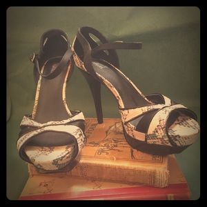 nomi heels - 4”, cream, black and glittery